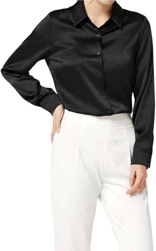 Misharen Women’s Satin Blouse – Elegant Long Sleeve Silk Shirt for Office, Casual, or Formal Wear