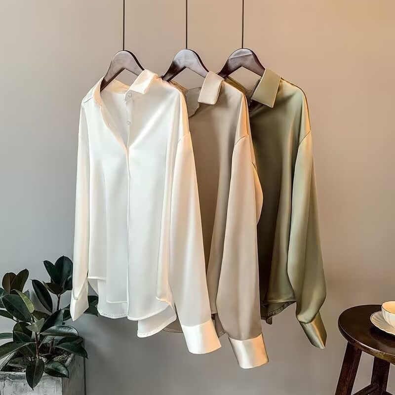 Misharen Women’s Satin Blouse – Elegant Long Sleeve Silk Shirt for Office, Casual, or Formal Wear