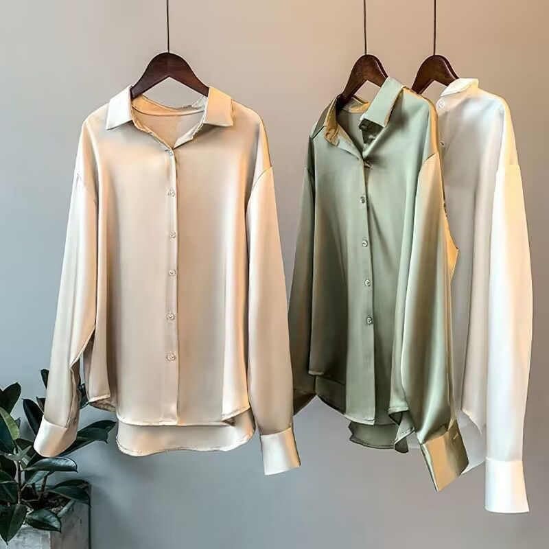 Misharen Women’s Satin Blouse – Elegant Long Sleeve Silk Shirt for Office, Casual, or Formal Wear