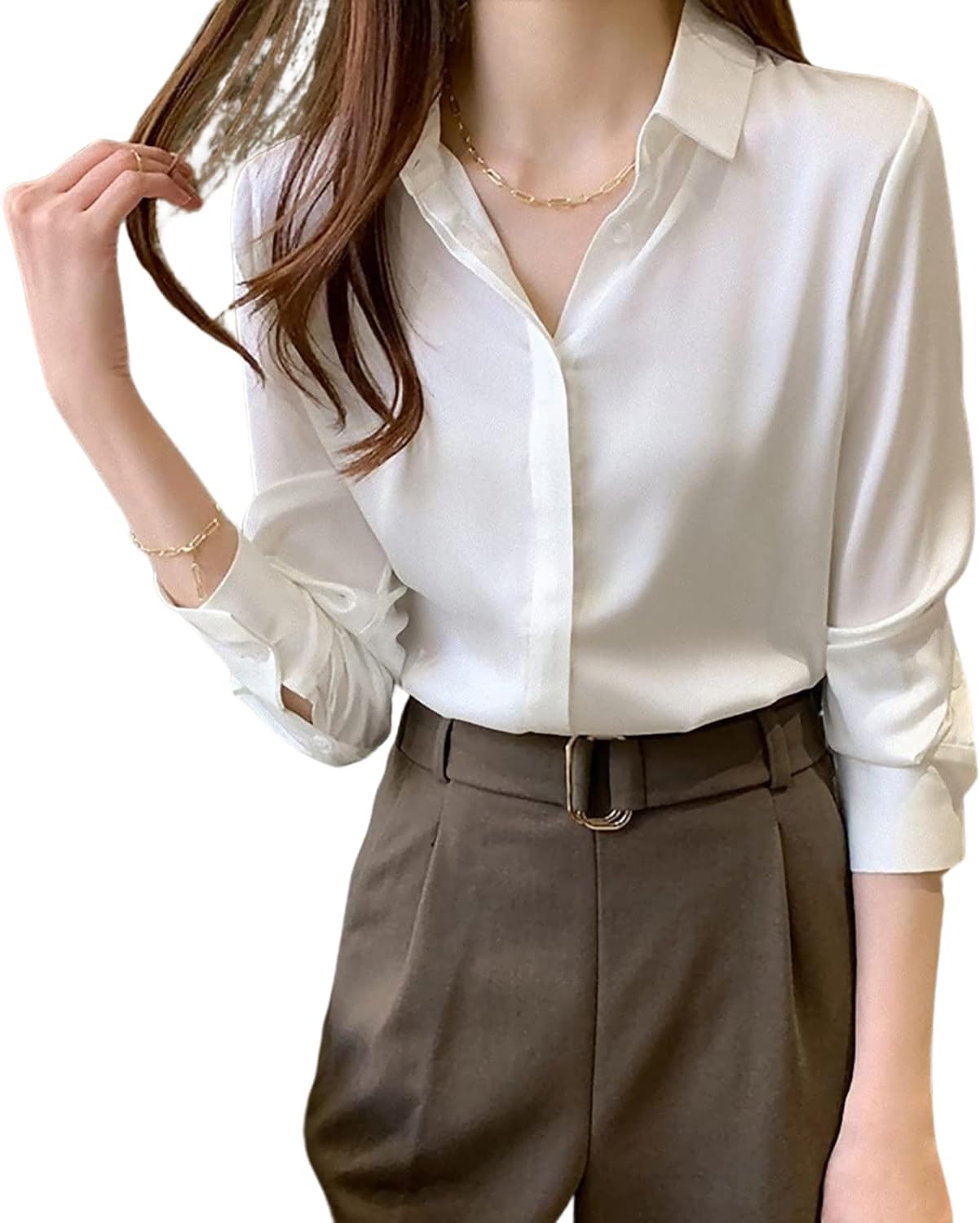 Misharen Women’s Satin Blouse – Elegant Long Sleeve Silk Shirt for Office, Casual, or Formal Wear