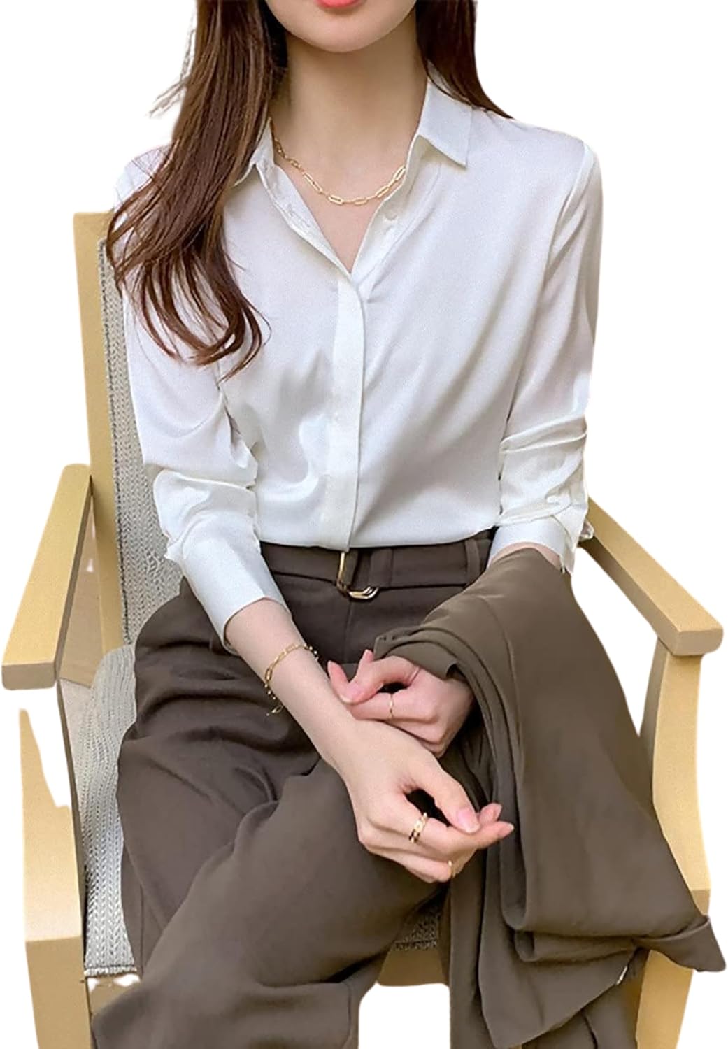 Misharen Women’s Satin Blouse – Elegant Long Sleeve Silk Shirt for Office, Casual, or Formal Wear