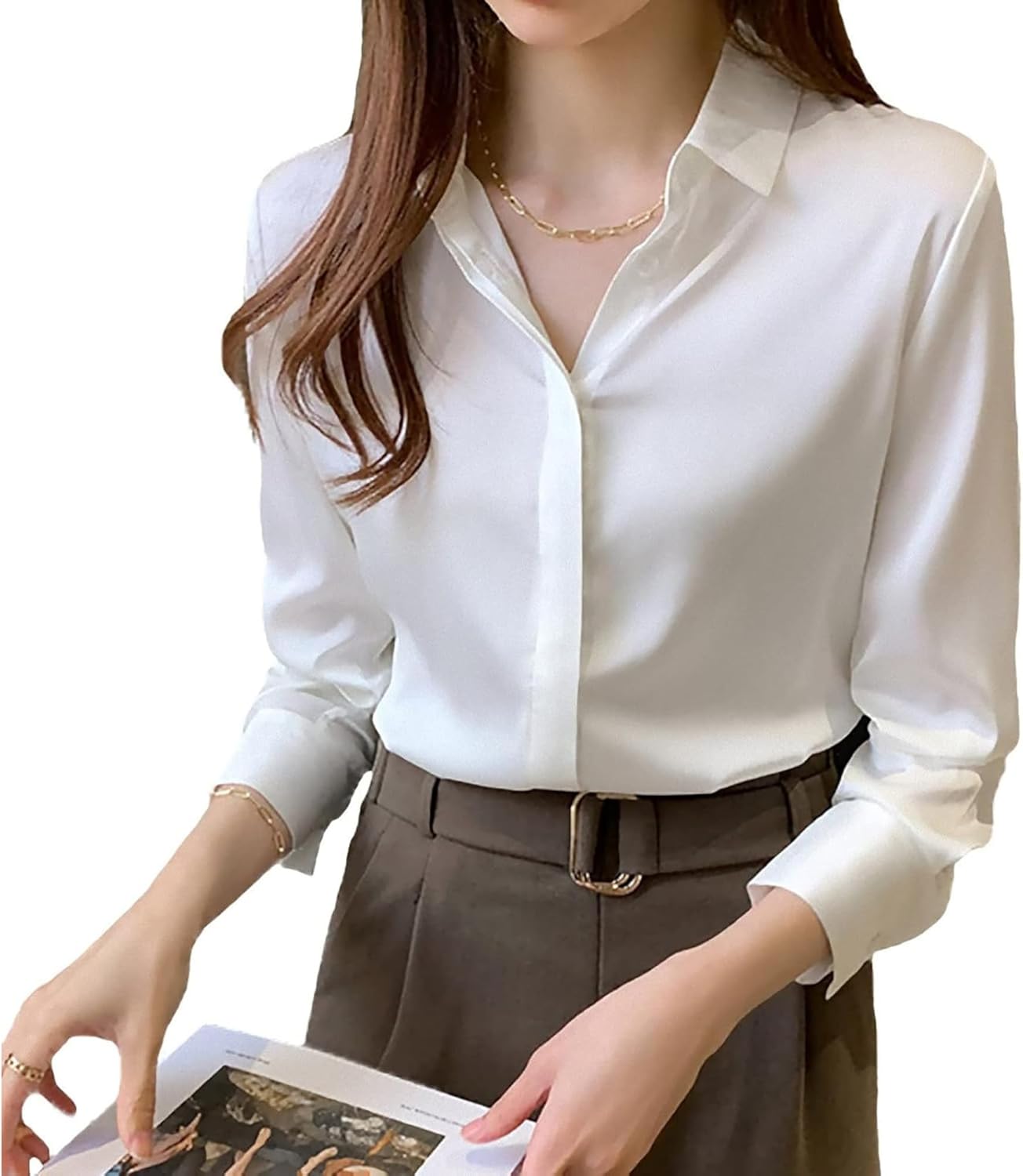 Misharen Women’s Satin Blouse – Elegant Long Sleeve Silk Shirt for Office, Casual, or Formal Wear