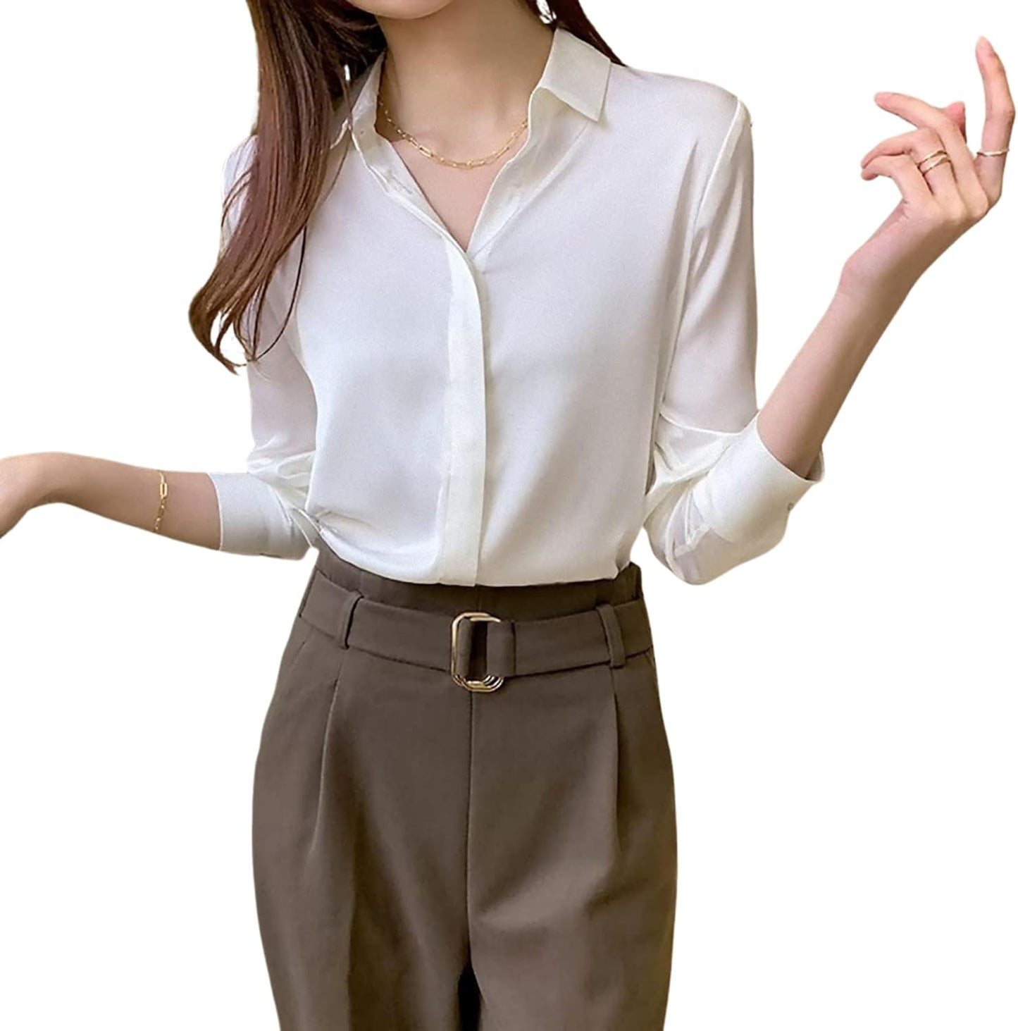 Misharen Women’s Satin Blouse – Elegant Long Sleeve Silk Shirt for Office, Casual, or Formal Wear